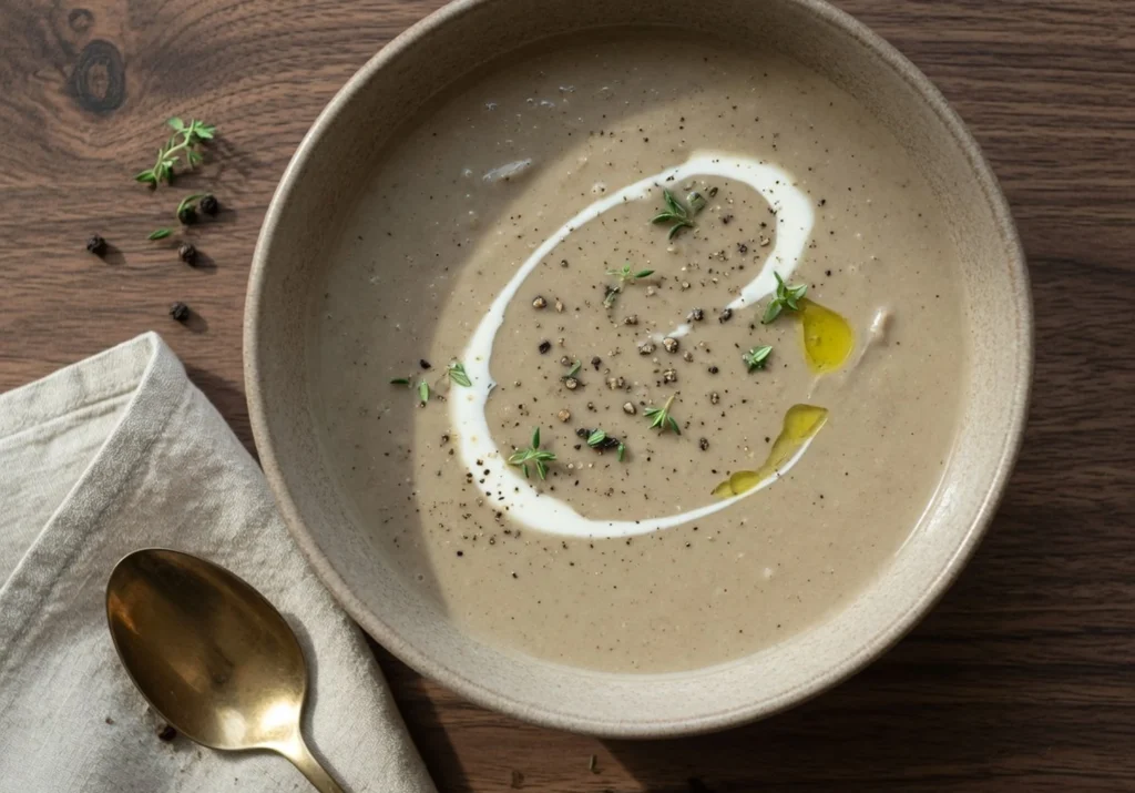 Rich and creamy mushroom soup served in a bowl with sautéed mushrooms and fresh herbs.