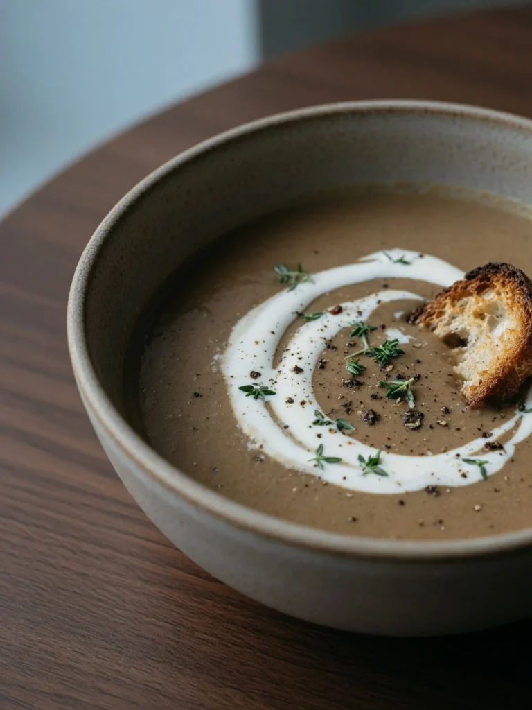 finish99 Rich and creamy mushroom soup served hot in a bowl, garnished with fresh herbs.