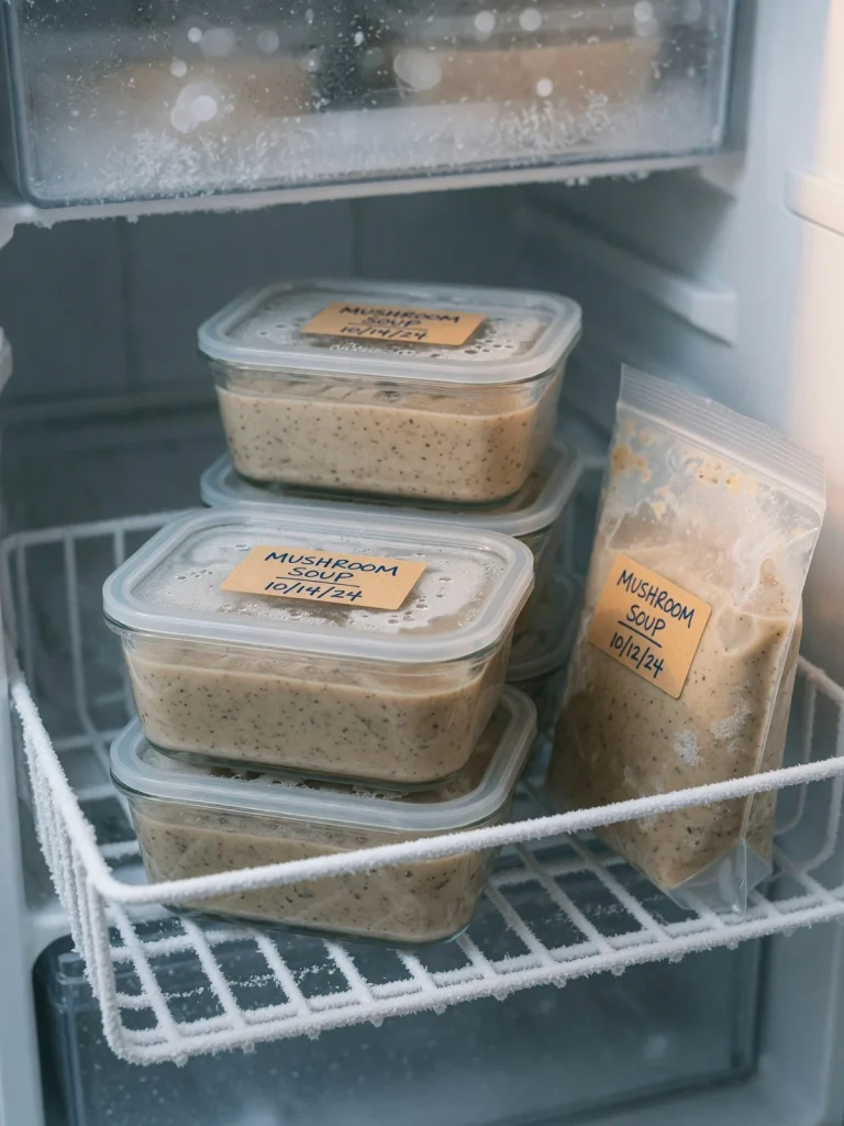 freezer-stack44 Containers of creamy mushroom soup stacked neatly in the freezer for storage.
