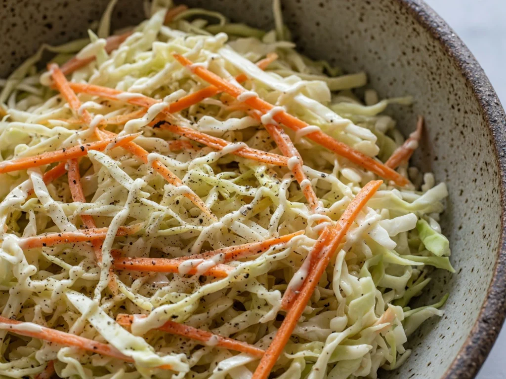 Southern coleslaw with shredded cabbage and carrots served in a bowl
