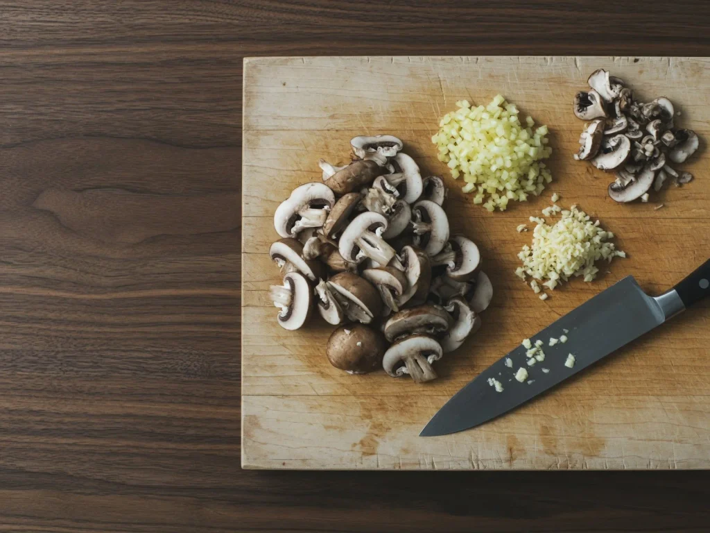 mise (1)666 Fresh mushrooms chopped into even pieces, ready to use in the soup.