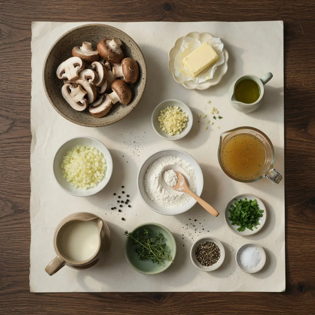 mise556 Ingredients for creamy mushroom soup arranged and ready for cooking.