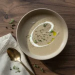 Homemade creamy mushroom soup served hot in a bowl and garnished with fresh herbs.