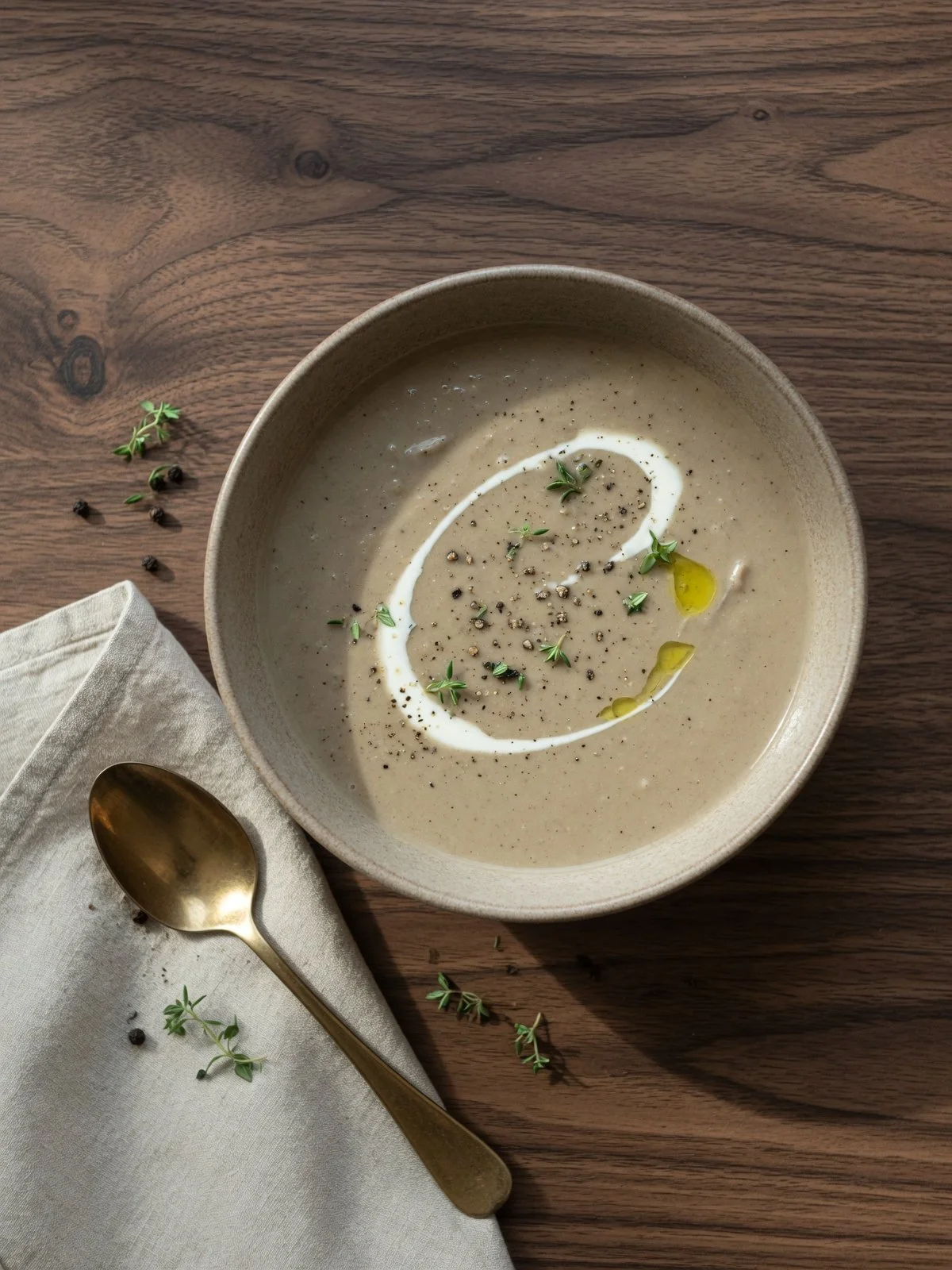 Homemade creamy mushroom soup served hot in a bowl and garnished with fresh herbs.
