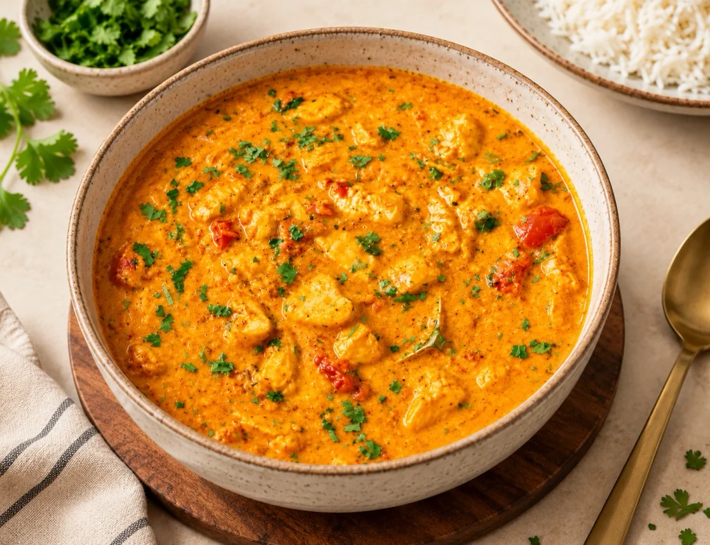 chiken curyy22 Creamy coconut chicken curry served in a bowl with fresh coriander, accompanied by fluffy basmati rice.