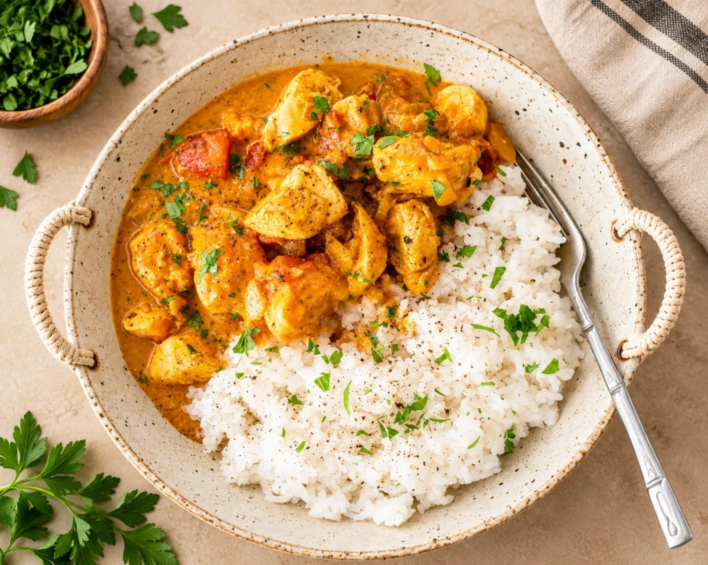 Creamy coconut chicken curry with tender chicken in a rich coconut sauce, garnished with fresh coriander and served with basmati rice.