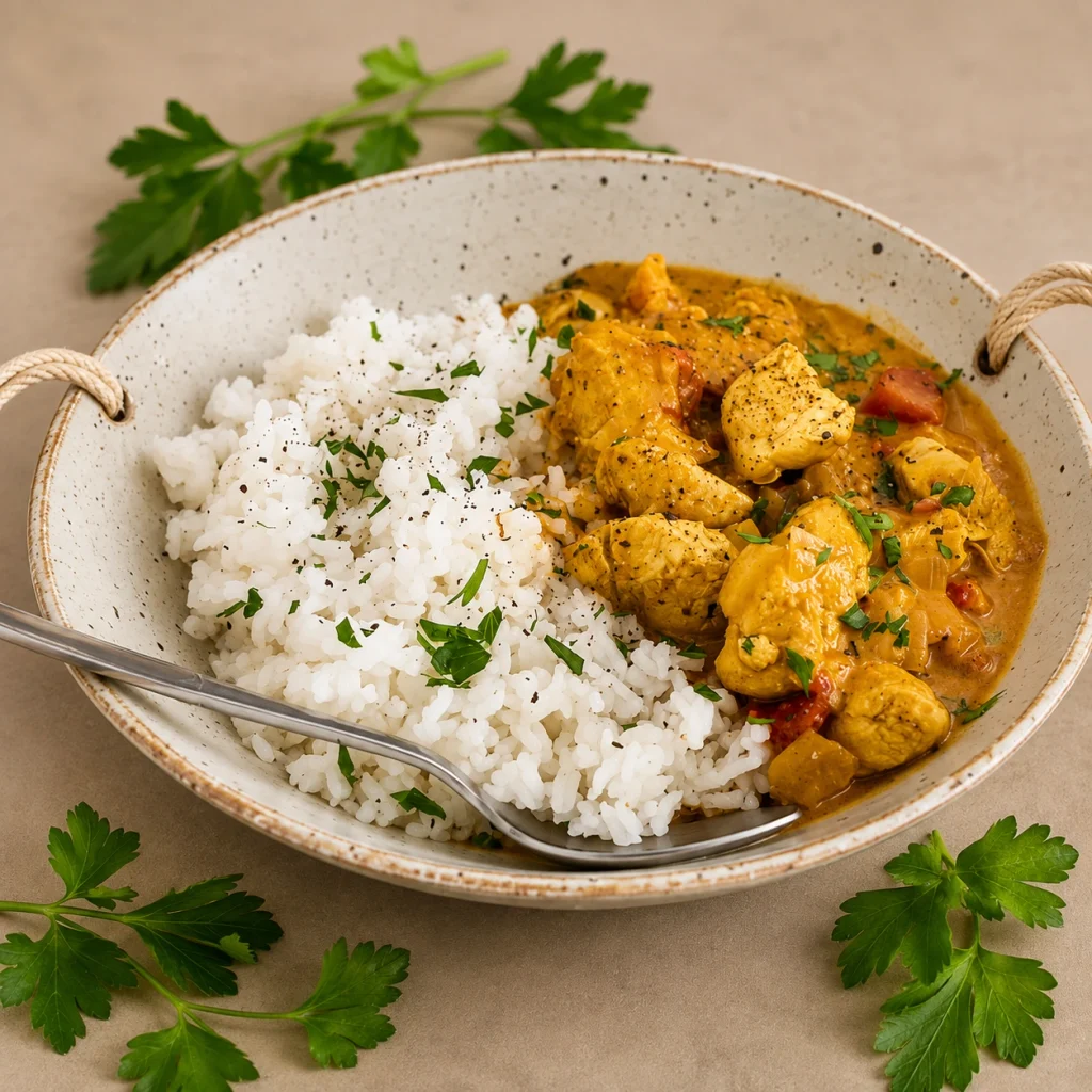 image for mid post of curry chiken and rice Creamy coconut chicken curry served with fluffy basmati rice, topped with fresh coriander, sliced chilli and roasted cashews.