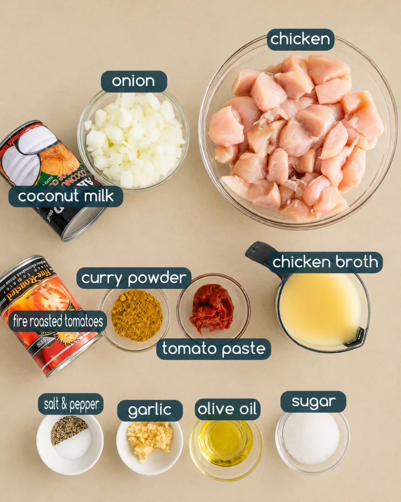 ingredant of chicken curry Step-by-step process of making creamy coconut chicken curry, showing seasoned chicken, spices and aromatics, coconut milk sauce, simmered curry, and finished curry garnished with fresh coriander.
